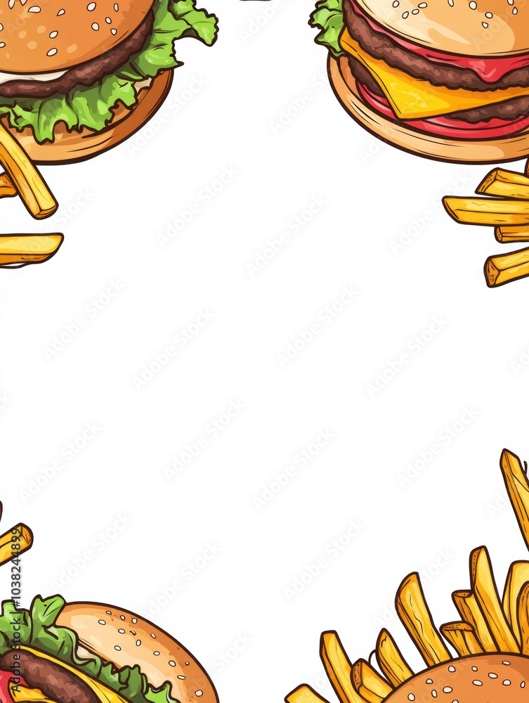 Poster Brightly illustrated burgers and fries are arranged around the edges, creating a perfect blank area for custom text in the middle. Generative AI
