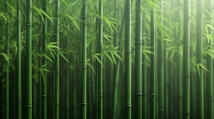 Fototapeta premium Lush green bamboo forest, vibrant foliage, natural light filtering through leaves.
