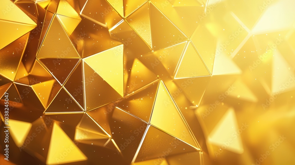 Poster a radiant cluster of golden pyramids, reflecting light, creating a dazzling geometric pattern.