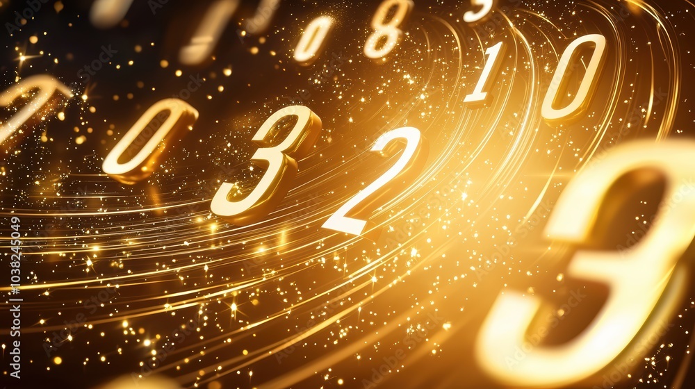 Poster a mesmerizing swirl of glowing golden numbers against a sparkling backdrop, evoking themes of data, 