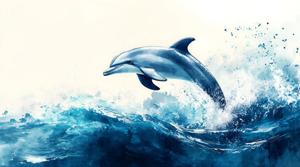 Naklejka premium Aquarelle Illustration of a Dolphin Jumping Out of the Water, Whimsical Marine Life Art, Perfect for Kids and Ocean-Themed Designs