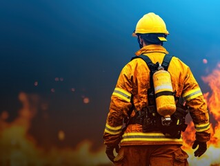 Fototapeta premium Brave Firefighter Standing Amidst Fiery Blaze Ready to Combat Flames and Save Lives