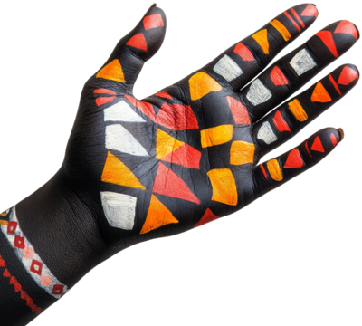 Vibrant hand art, Geometric patterns in bold orange, red, and white against a black canvas. A striking visual.