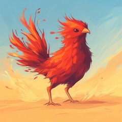 Fototapeta premium A vibrant, fiery bird with flames for feathers stands against a blue sky.