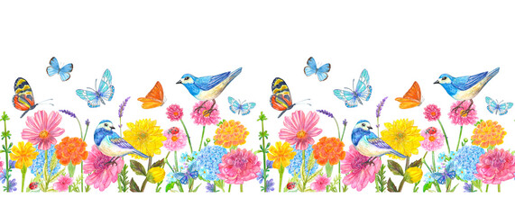seamless border with blue birds in garden with field of colorful flowers with butterflies and ladybugs isolated on white background. watercolour painting