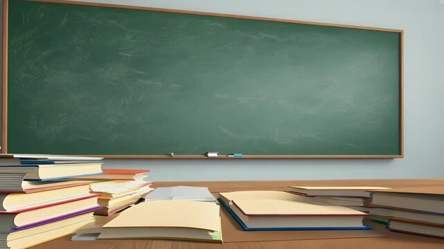 4K looping animation blackboard chalkboard books stacked background creating virtual classroom environment perfect backtoschool educational content designs education class school learning study