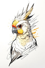 Obraz premium Black and white illustration, watercolor splashes, random lines, sketch, ink with hatching, white background, tattoo sketch, graphic, outline, tattoo