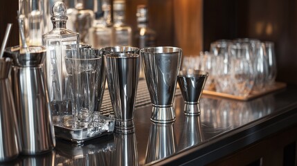 A creative home mixology bar setup with cocktail shakers and variety of spirits, Mixologist style, photo of