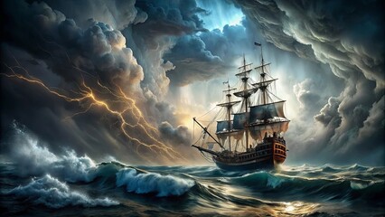A majestic sailing vessel navigates tumultuous waves beneath a sky of swirling clouds and crackling lightning.
