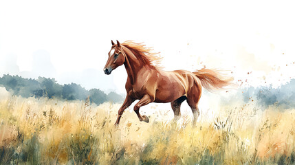 Obraz premium Watercolor Horse Running Through a Field, Hand-Painted, Animal Art, Perfect for Kids Illustrations and Countryside Designs