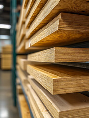 Obraz premium Plywood sheets are stored in a warehouse.
