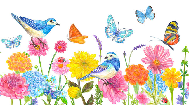 seamless wall decor border with couple of blue birds in garden with field of colorful flowers with butterflies and ladybugs isolated on white background. watercolour painting