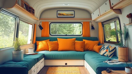 Cosy Interior of motor home camping car, furnishing decor of salon area, comfortable modern caravan house.