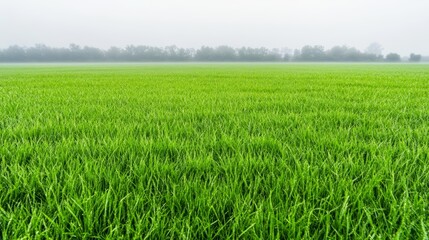 Fototapeta premium Lush green grass field under a foggy sky, serene and peaceful landscape.