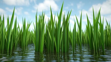 Fototapeta premium Lush green grass growing in shallow water under a bright blue sky.