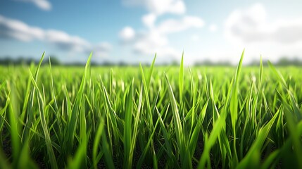 Lush green grass under a bright sunny sky, showcasing nature's beauty.