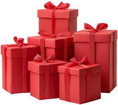 A pile of red gifts, elegantly tied with ribbons, awaits. Festive cheer