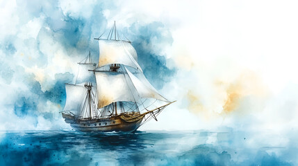 Aquarelle Illustration of a Pirate Ship Sailing on the Sea, Fun Nautical Art, Perfect for Kids and Adventure-Themed Designs