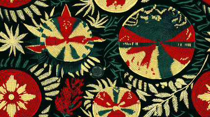 Fototapeta premium Seamless pattern with embroidered red and green circular motifs and leaf designs on black background.