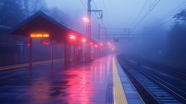 Misty morning train station with glowing lights and wet platform in the early hours