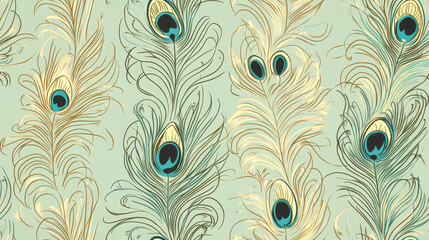 Obraz premium Seamless pattern with peacock feathers in blue, beige, and gold colors on a light blue background.
