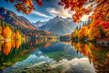 Scenic Autumn Lake with Mountainscape - Vibrant Fall Colors, Macro Photography, Reflections, Nature's Beauty, Serene Landscape, Peaceful Escape, Outdoor Adventure, Tranquil Serenity, Scenic Views