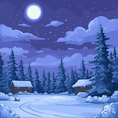 Fototapeta premium A serene winter night scene with snow-covered cabins and tall pine trees.