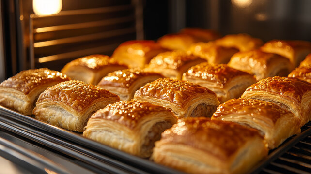 Golden brown puff pastries baking in an oven