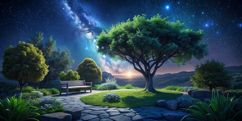 Serene Space Garden with Glowing Tree, Stone Bench, and Tranquil Scene in Midnight Void – Captivating Portrait Photography of Peaceful Nature Retreat
