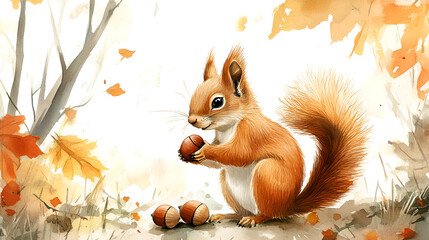 Fototapeta premium Aquarelle Illustration of a Squirrel Collecting Acorns, Whimsical Nature Art, Ideal for Kids and Autumn-Themed Designs