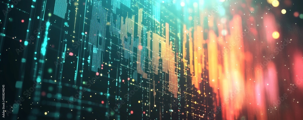 Poster abstract digital data visualization with colorful lines and lights