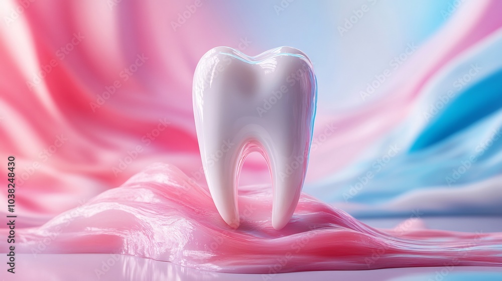 Poster creative image of toothpaste shaped like a tooth emerging from a toothpaste tube visually representi