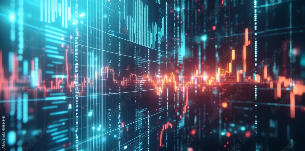 Poster abstract digital data visualization with red and blue glowing lines