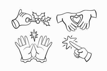 A set of hands in line style on a Christmas theme, decorated with holly leaves, decorated with a snowflake, showing a heart, etc.