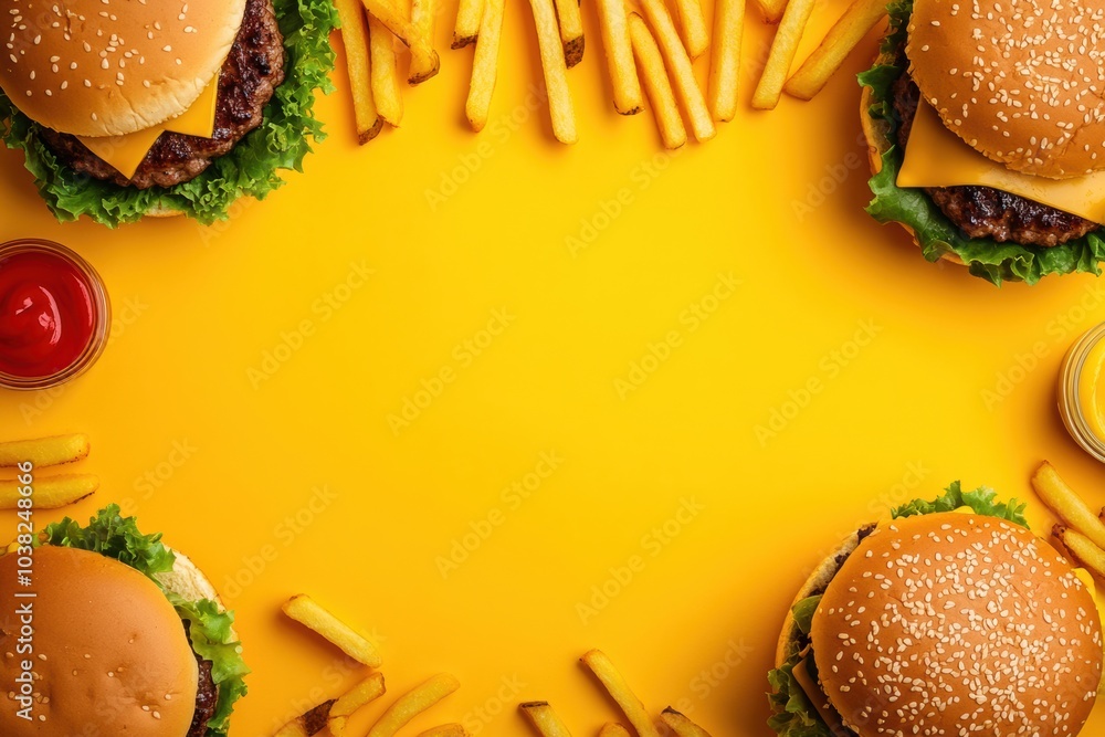 Poster bright illustrations feature appetizing burgers and crispy fries, inviting creativity in text for fo