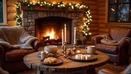 Warm and inviting New Years Eve celebration in a log cabin by the fireside