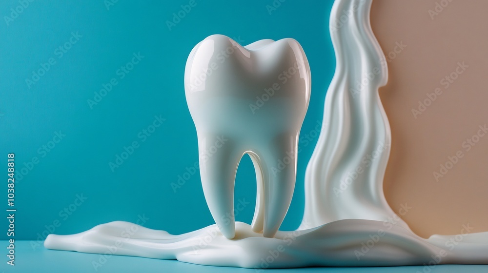 Poster creative image of toothpaste shaped like a tooth emerging from a toothpaste tube visually representi