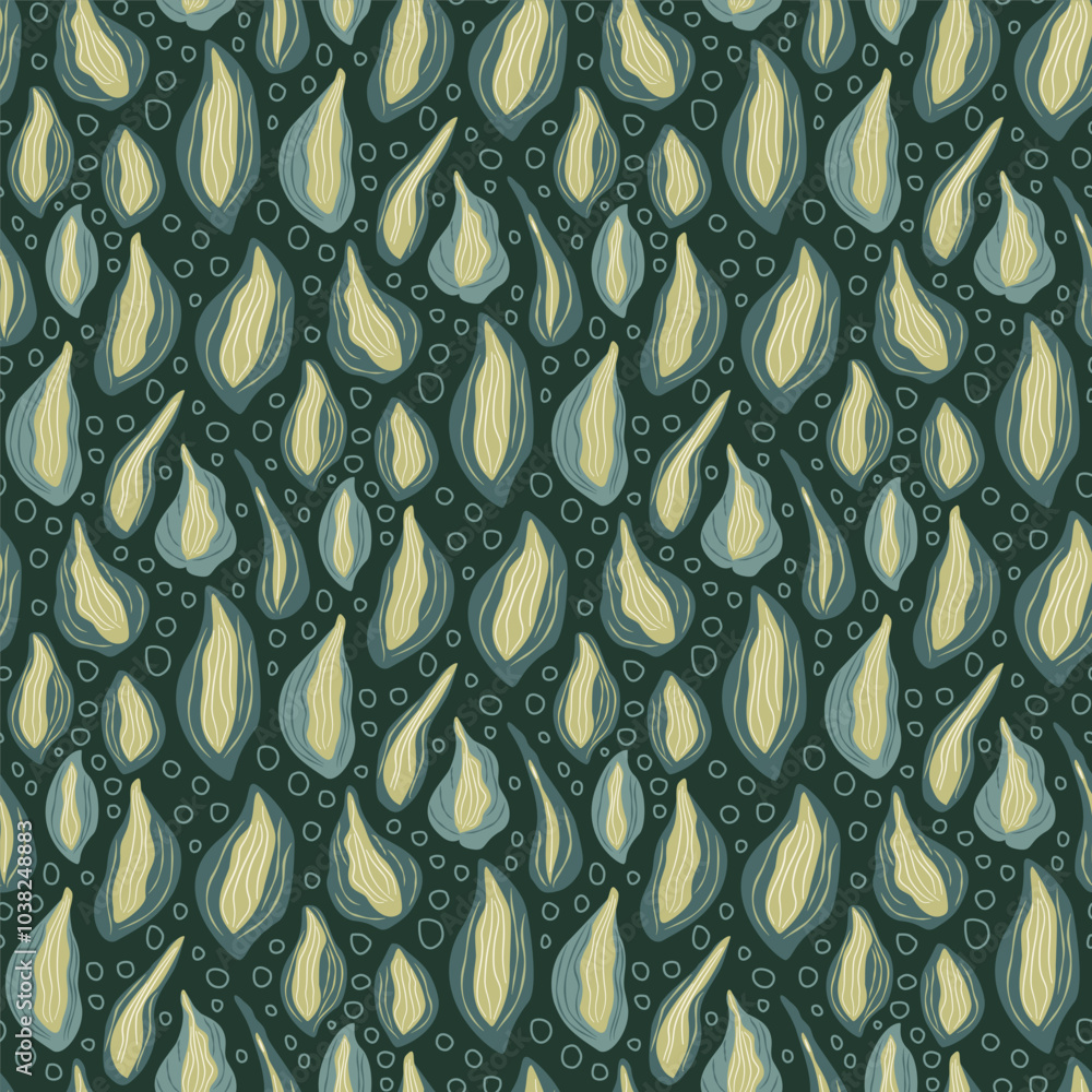 Poster hosta foliage floating endless background. stylized leaves with dark green background seamless patte