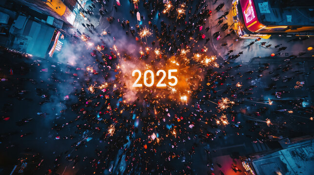 Menschenmenge feiert das neue Jahr 2025