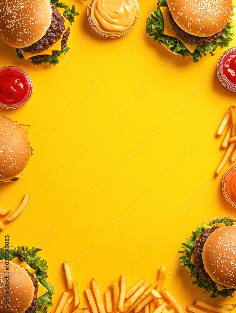 Poster Brightly colored burgers and crispy fries are artistically placed around the edges, creating a perfect central space for custom text. Generative AI