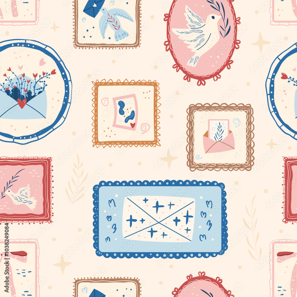 Poster retro mailing service seamless pattern. carrier pigeon, bow and envelope in frames endless backgroun