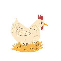 Hen hatching eggs in the nest isolated on white background. Chicken character. Vector hand drawn flat illustration