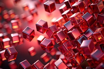 Slow Motion Ruby Red Cubes Floating in Space, Abstract Background Animation, Elegant Movement, Looping Motion, Light Reflection, 3D Render, Vibrant Colors, Visual Effects, Dynamic Design