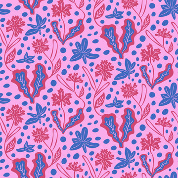 Leaves seamless pattern. Plant vibrant endless background. Vector hand drawn flat illustration.