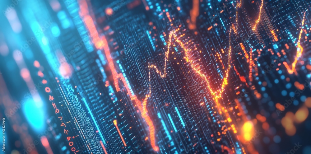 Poster abstract digital data visualization with a glowing orange line chart