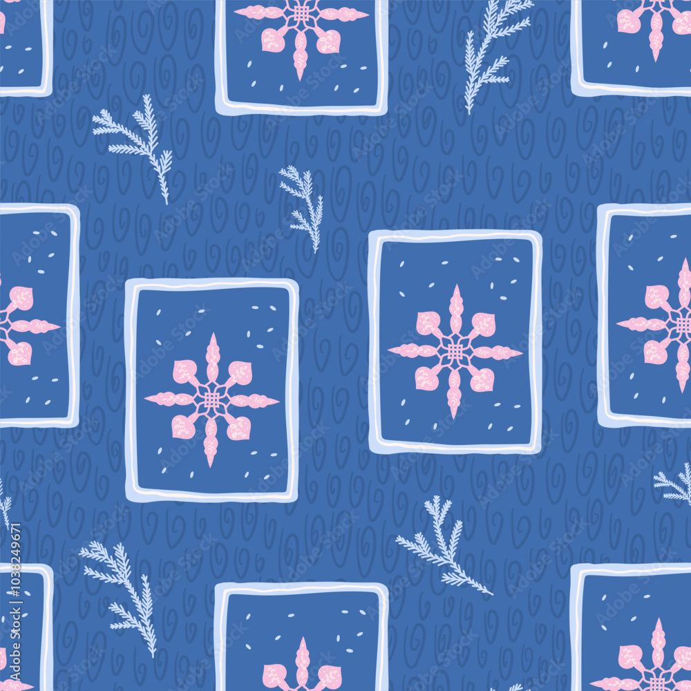 Poster seamless pattern with colorful snowflakes in rectangle decorative frames on a blue textured backgrou