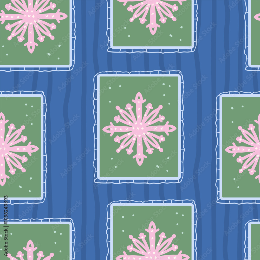 Poster snowflake in square frames seamless pattern. winter endless background. christmas preppy repeat cove