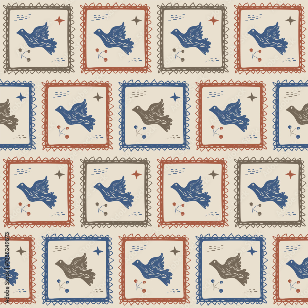 Poster birds frames seamless pattern. flying pigeon repeat background. surface pattern design folk motif. v