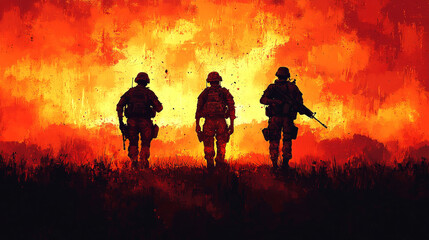 Fototapeta premium Three soldiers stand in front of an inferno.