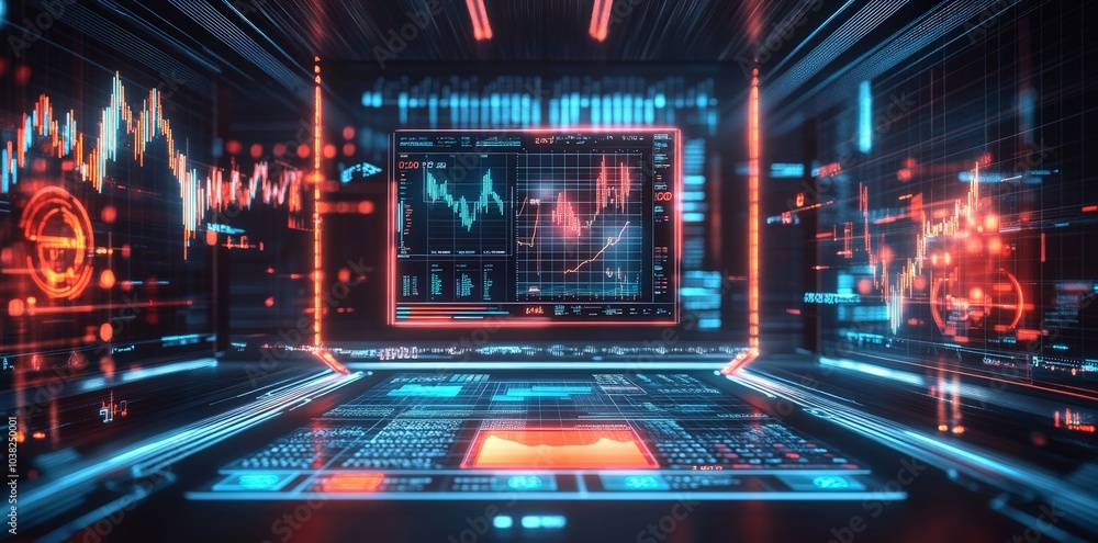 Poster futuristic digital interface with financial data and charts